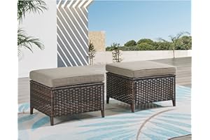 HUMMUH Outdoor Ottomans for Patio Set of 2 PE Wicker Steel Frame Outdoor Footstool for Patio, Backyard, Additional Seating, Side Tables with Removable Weather-Resistant Cushions
