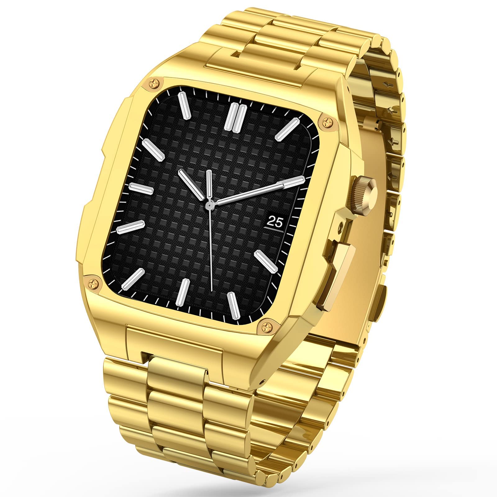 V-MORO Compatible with Apple Watch Series 7 Strap 45mm with Metal Bumper, Business Stainless Steel Strap with Shockproof Protector Case Cover Replacement Band for iWatch Series 7 45mm (Gold)