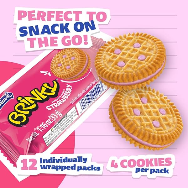 COLOMBINA BRINKY STRAWBERRY CREAM COOKIES,12 INDIVIDUAL PACKS, 4 SANDWICH COOKIES PER PACK, (13.97 OZ)