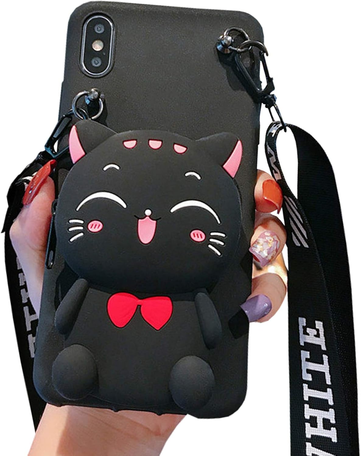 SGVAHY Coin Purse Case Compatible with iPhone 7 Plus / 8 Plus, Cute Cat Design with Zipper Back Cover Soft Silicone Shockproof Protective Case [Long Strap Rope ] (Cat Black, iPhone 7 Plus / 8 Plus  )