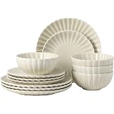 Gibson Elite Peach Orchard 12-Piece New Bone China Dinnerware Set Service for 4, Embossed Fluted Plates and Bowls, Dishwasher and Microwave Safe, Cream White