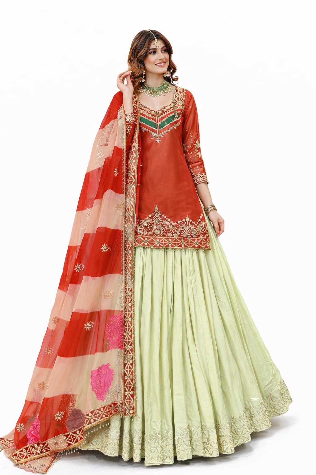 Photo 1 of BLACK LEBAL Women’s Lehenga & Dupatta Set – Fancy Silk Top with Embroidery, Sequin & Val Moti Detailing – Festive Wear (Orange, XXL)