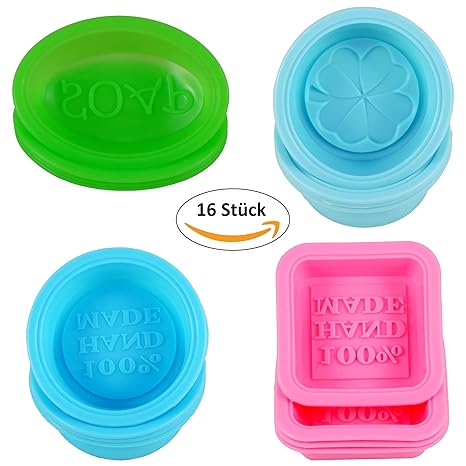 [16 Stück] Seifenprofis Silikonform Seifenform, Quadrat, Oval und Rund, Hand Made, Silikon BPA frei