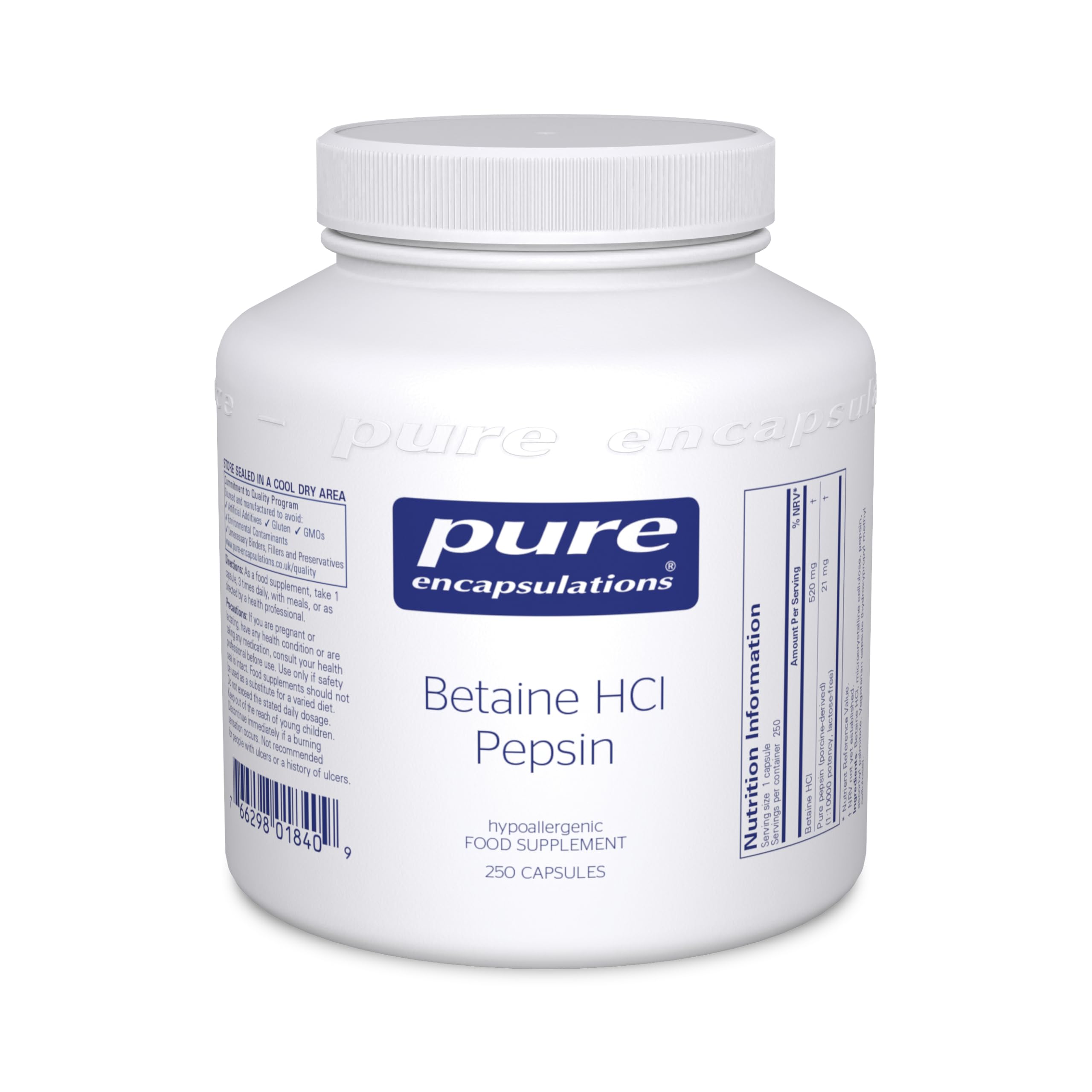 Pure Encapsulations Betaine HCl Pepsin - Acidic Betaine with Protein-Digesting Enzyme, 250 Capsules
