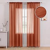 MIULEE Terracotta Linen Textured Sheer Curtains 2 Panels for Bedroom/Living Room Semi Transparent Voile Drapes Rust Boho Orange Rustic Fall Decor Window Panels Rod Pocket, W 54 x L 84 Inches Long