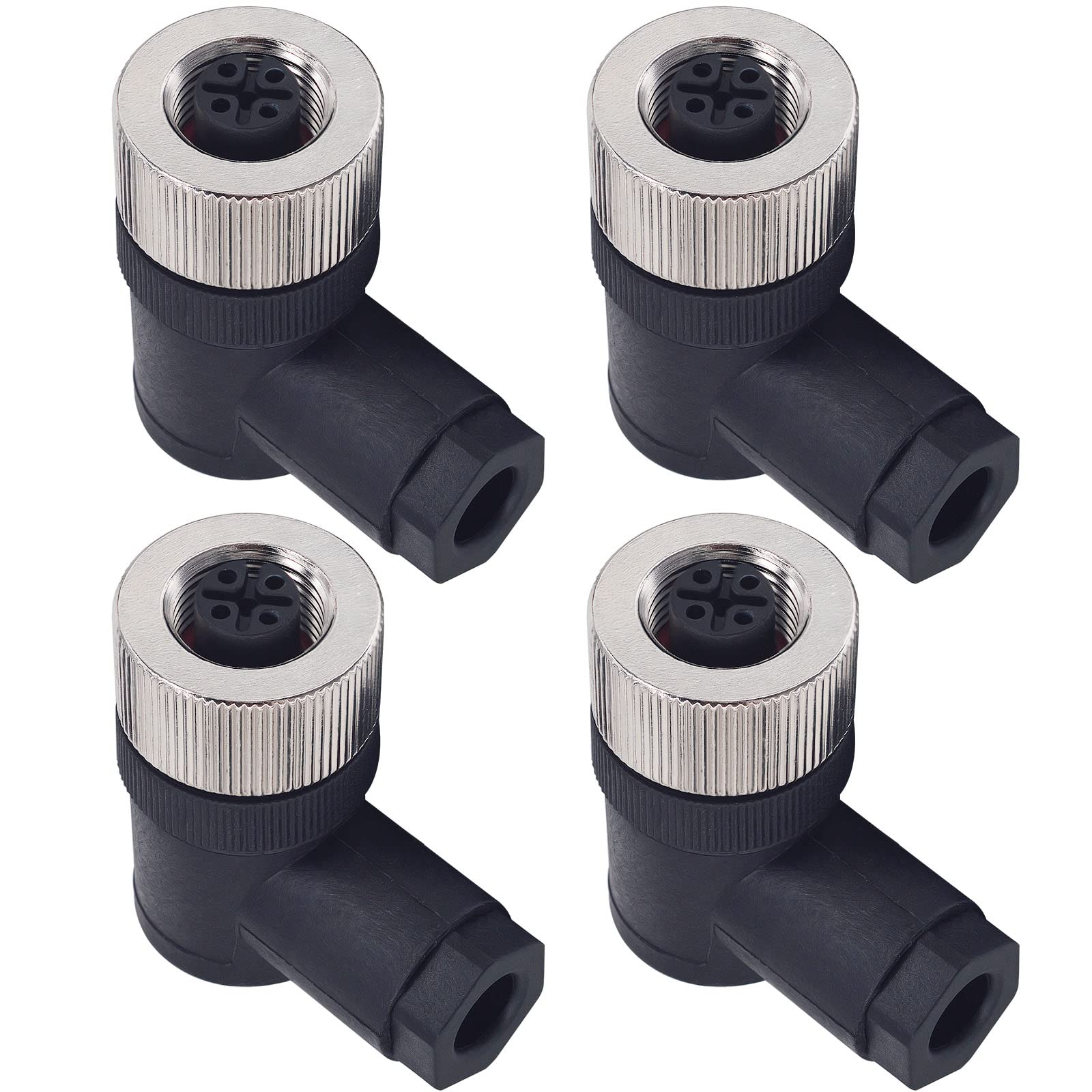 Lonlonty M12 4-Pin Female Circular Aviation Connector Plug 12mm Waterproof Circular Aviation Connector Right Angle Plug Adapter 4 Pack