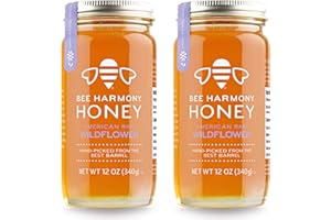 Bee Harmony American Raw Wildflower Honey, 12 OZ (Pack of 2 Jars)