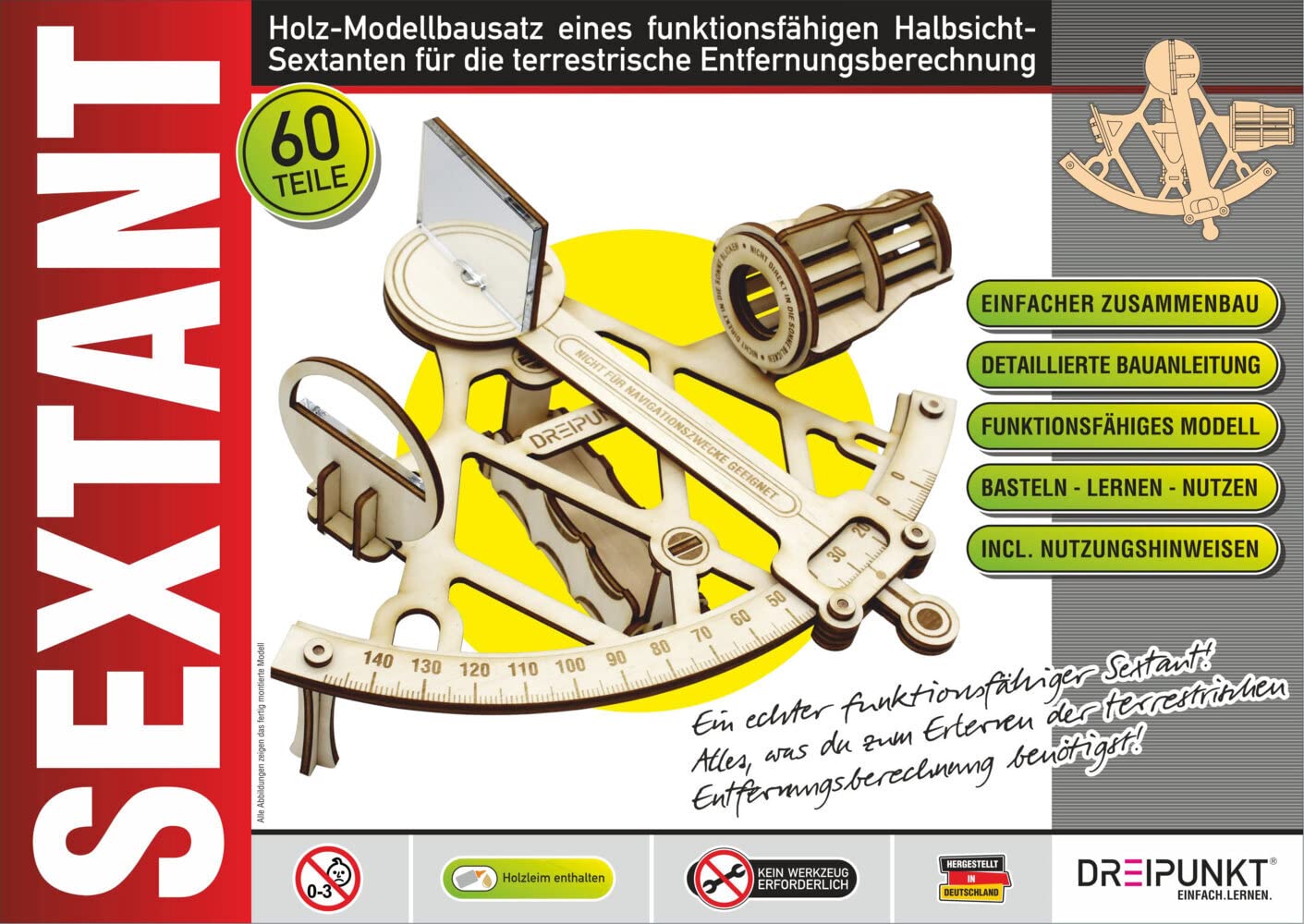Bausatz Sextant: Detaillierter Holz-Modellbausatz eines funktionsfähigen Sextanten