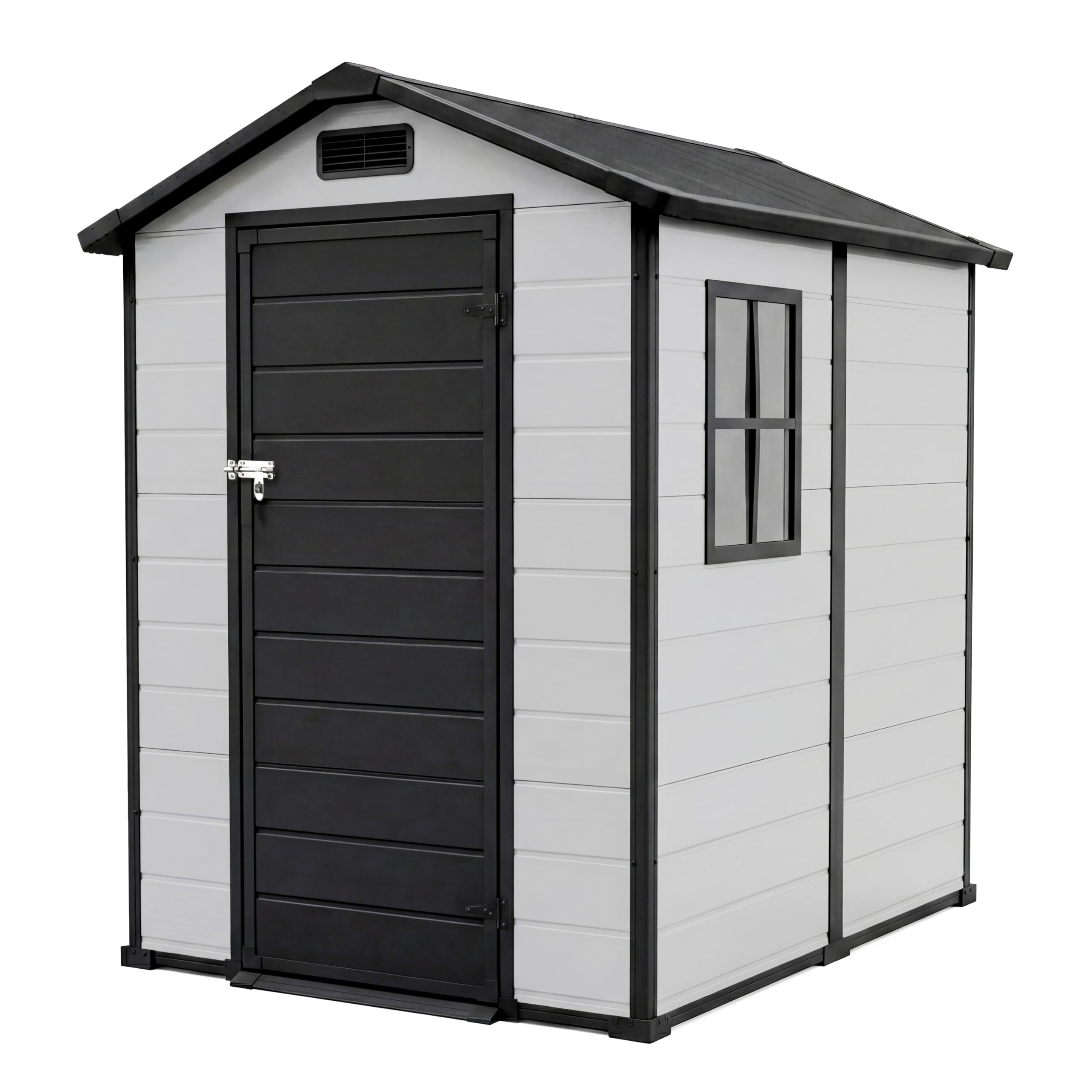 Photo 1 of Garvee 4x6 FT Outdoor Storage Shed with Floor, Plastic Resin Garden Shed with Window & Sloping Roof & Lockable Door for Patio Backyard Garden, Lawn Mower, Bike, Tool Storage