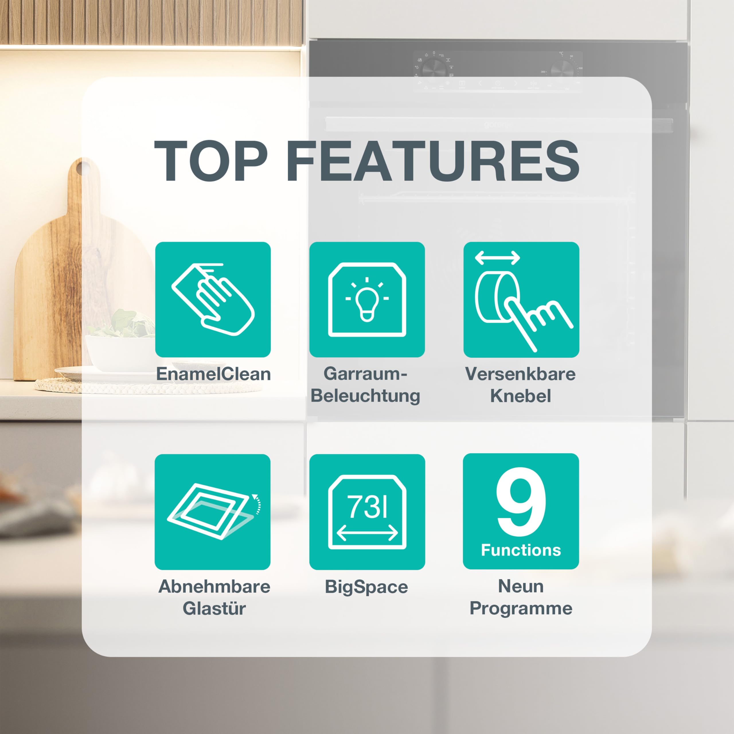 Gorenje BOA6737AO1X Einbaubackofen / 73 Liter/BigSpace/Heißluft / 250° maximale Ofentemperatur/EcoClean-Email / 2fach verglast / 9 Funktionen/EEK: A/Minimale Einbaumaße (HxBxT): 60x 56x 58 cm 2