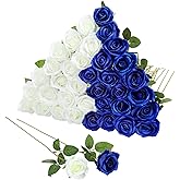 Hoemwarm 36 Pcs Silk Blue White Rose Bouquet Bridal Artificial Flowers,Fake Rose Long Stem Realistic Flowers Bulk for Wedding Bouquet Ball Arrangement Centerpiece Party Decor