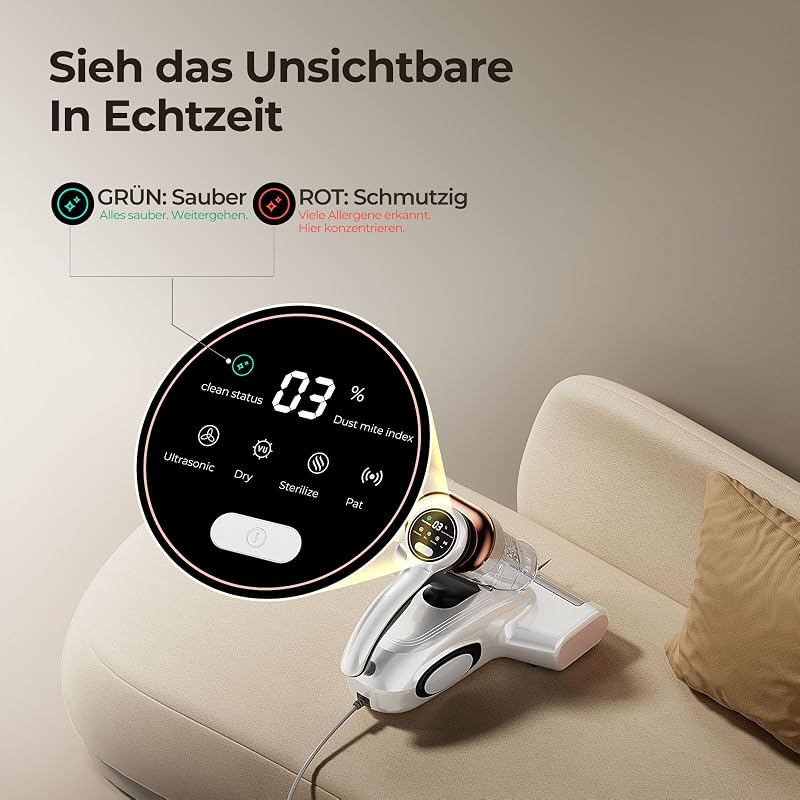 J300 Milbensauger mit Staubmilben-Sensor und Intelligenter LED-Anzeige, 500W Milbenstaubsauger mit UV-Licht, Ultraschall, Für Allergiker, entfernt 99,9% Allergene von Matratzen, Betten und Sofas — Foto 4 von 8