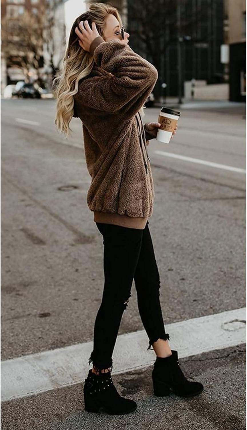 ReachMe Womens Oversized Sherpa Pullover Hoodie with Pockets Fuzzy Fleece Sweatshirt Fluffy Coat: Clothing