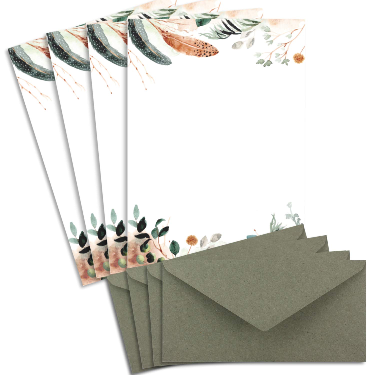 25 Letter Paper Sets DIN A4 Natural Paper in Cream Natural Pot Pourri with Feathers and Branches with Envelopes DIN Long in Kraft Paper Grey Green Writing Paper Printable Ideal for Wedding Invitations