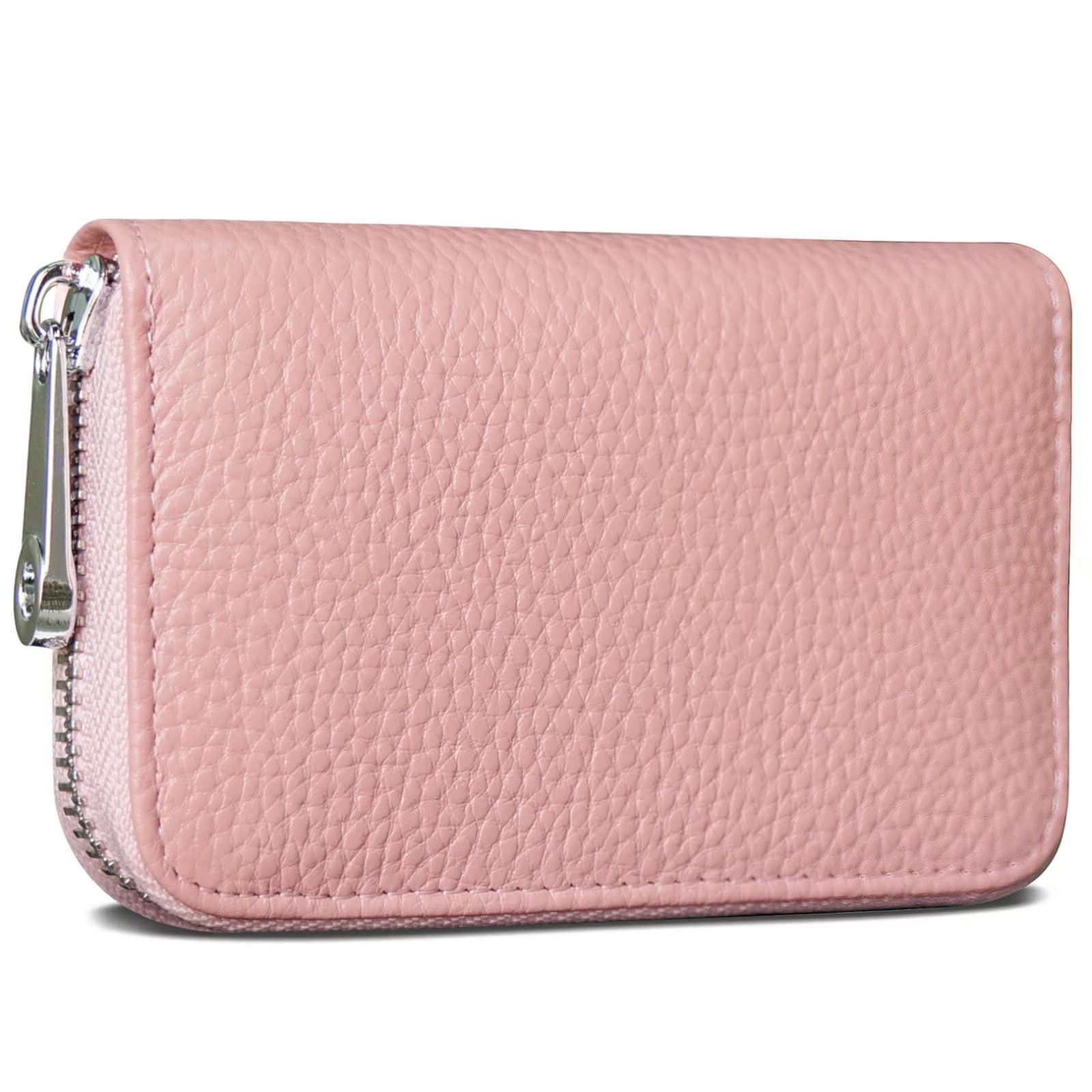 GADIEMKENSD Credit Card Holder RFID Blocking Genuine Leather Mini Credit Card Wallet Purse with Zipper Womens Small id Compact Slim Zip Blocked Accordion Wallets Case for Women Men (Light Pink)