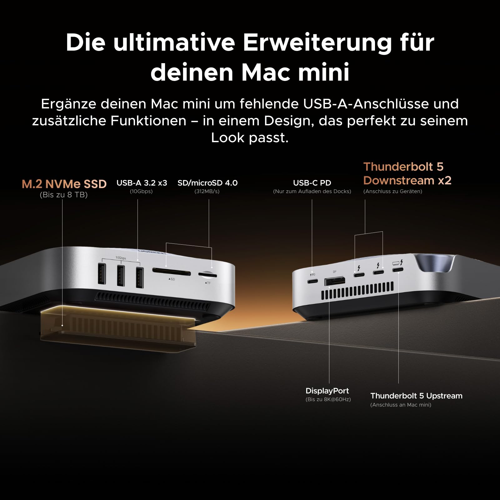 UGREEN Maxidok Thunderbolt 5 Mac mini Dock, Revodok 10-in-1 TBT5 Docking Station, 120Gbps Datentransfer, 8TB M.2 NVMe SSD, Single 8K/ Dual 6K@60Hz, SD/TF 4.0, Kühlsystem für Mac mini M4/M4 Pro 2
