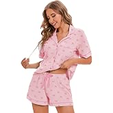 LUBOT 100% Cotton Pajamas for Women 2 Piece PJ Set Button-Down Soft Knit Short Sleeve Summer Sleepwear Loungewear XS-XXL