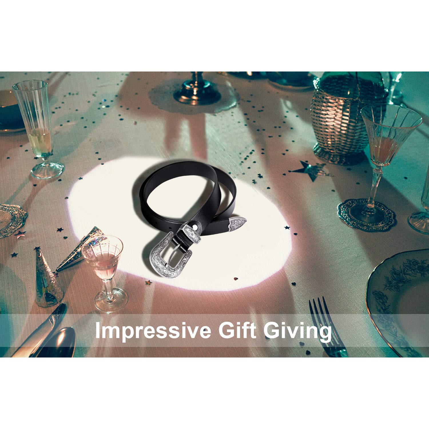 WERFORU Women Leather Belt for Jeans Pants Dress Ladies Belt with Western Buckle, Black,Medium(Suit for Pants Size 30-35 Inches)