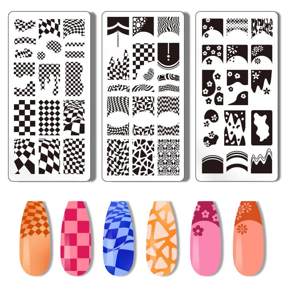 Photo 1 of PH PandaHall 3pcs French Nail Stamper Tartan Nail Stamping Plate French Tip Nail Art Stencils Plaid Wave Print Nail Stencils Stainless Steel Nail Image Plates for Nail Design Print Manicure Salon