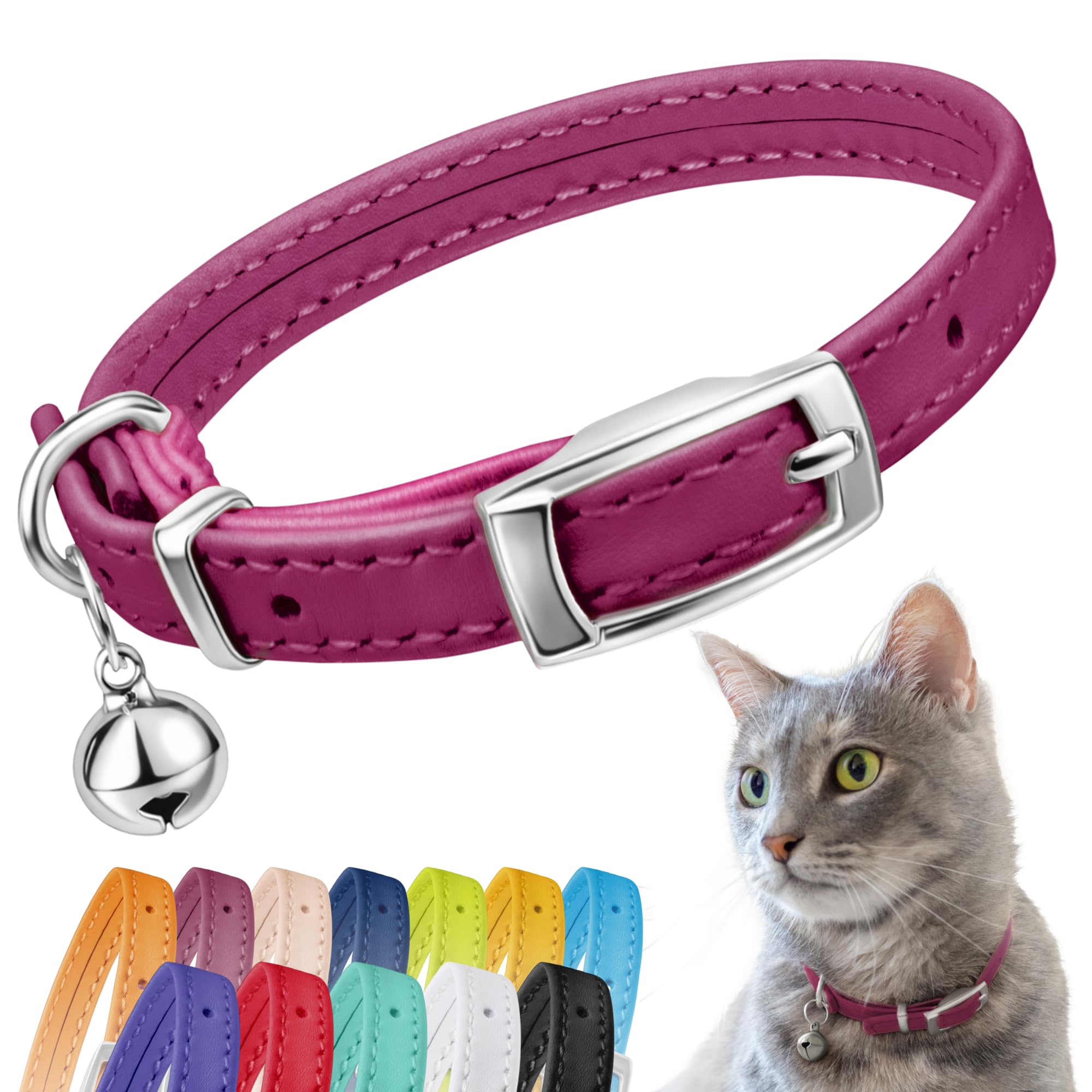 CollarDirect Leather Cat Collar with Removable Bell – Safety Kitten Collar with Elastic Strap (Pink, 15-18 cm) — image 1