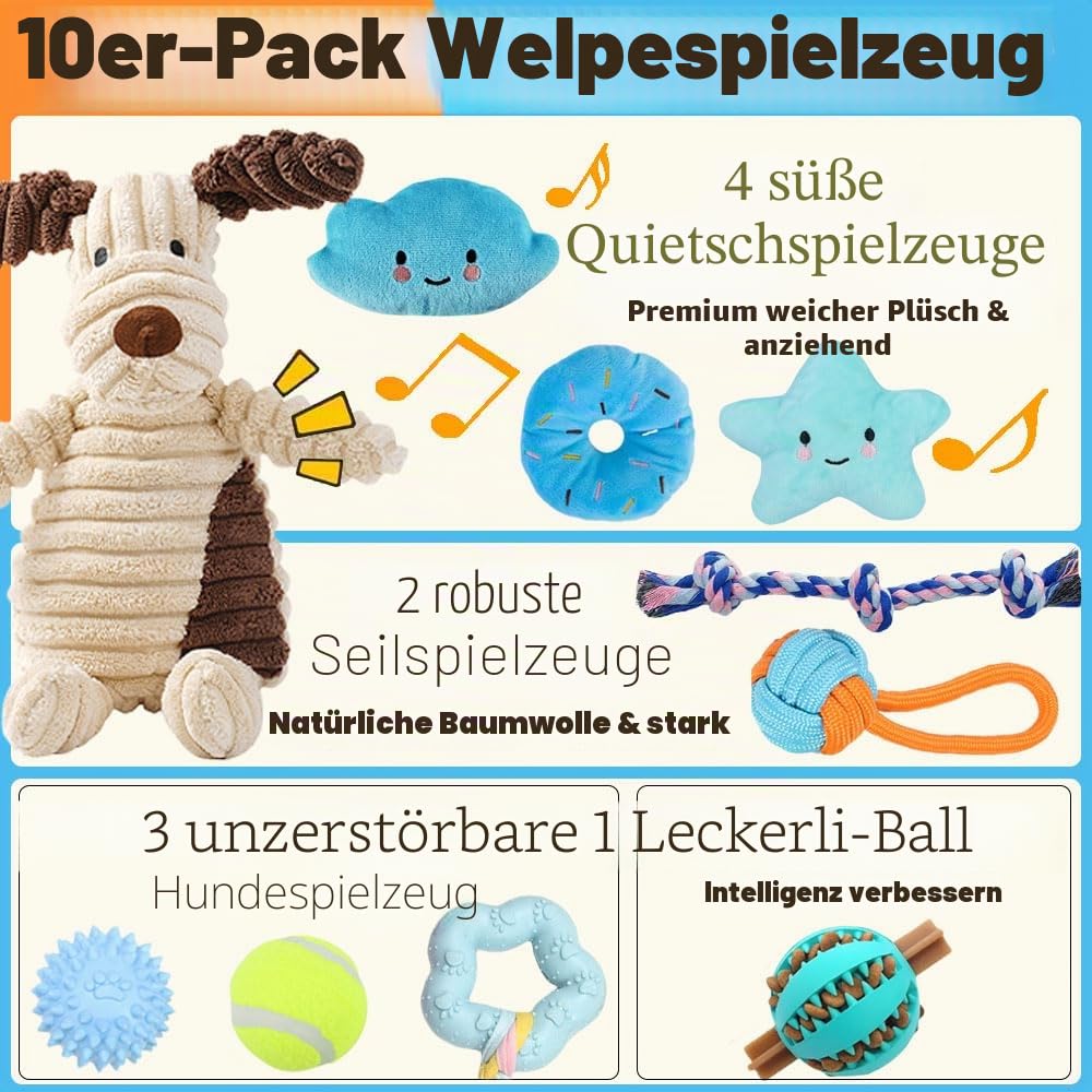 Speedy Panther 10 Stück Welpen Spielzeug Set - Plüsch Hundespielzeug mit Quietscher, Kauspielzeug & Ball für Kleine Hunde - Zahnpflege Welpenspielzeug & Zubehör für Junghunde 2