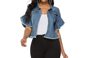 vunahzma Women's Denim Jacket Button Down Distressed Ruffle Sleeve Crop Jean Jackets Coat