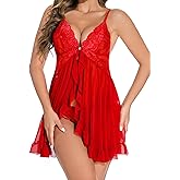 LNRFHI Women Lingerie Front Closure Babydoll Lace Chemise V Neck Ruffle Nightgown Sexy Sleepwear