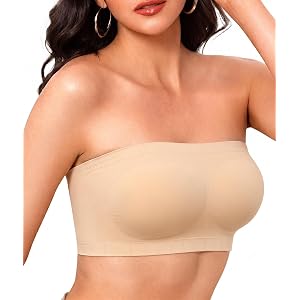 Strapless Bra for Women Fixed Pads Wireless Bandeau Bra Non-Slip Tube Tops | Convertible Adjustable Fabric & Clear Straps, Si