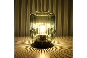 LUSHARBOR Battery Operated Lamp, Cordless Table Lamps for Home Decor, Battery Powered Nightlight with LED Bulb, Decorative Glass Beside Lamp for Bedroom Living Room-Green