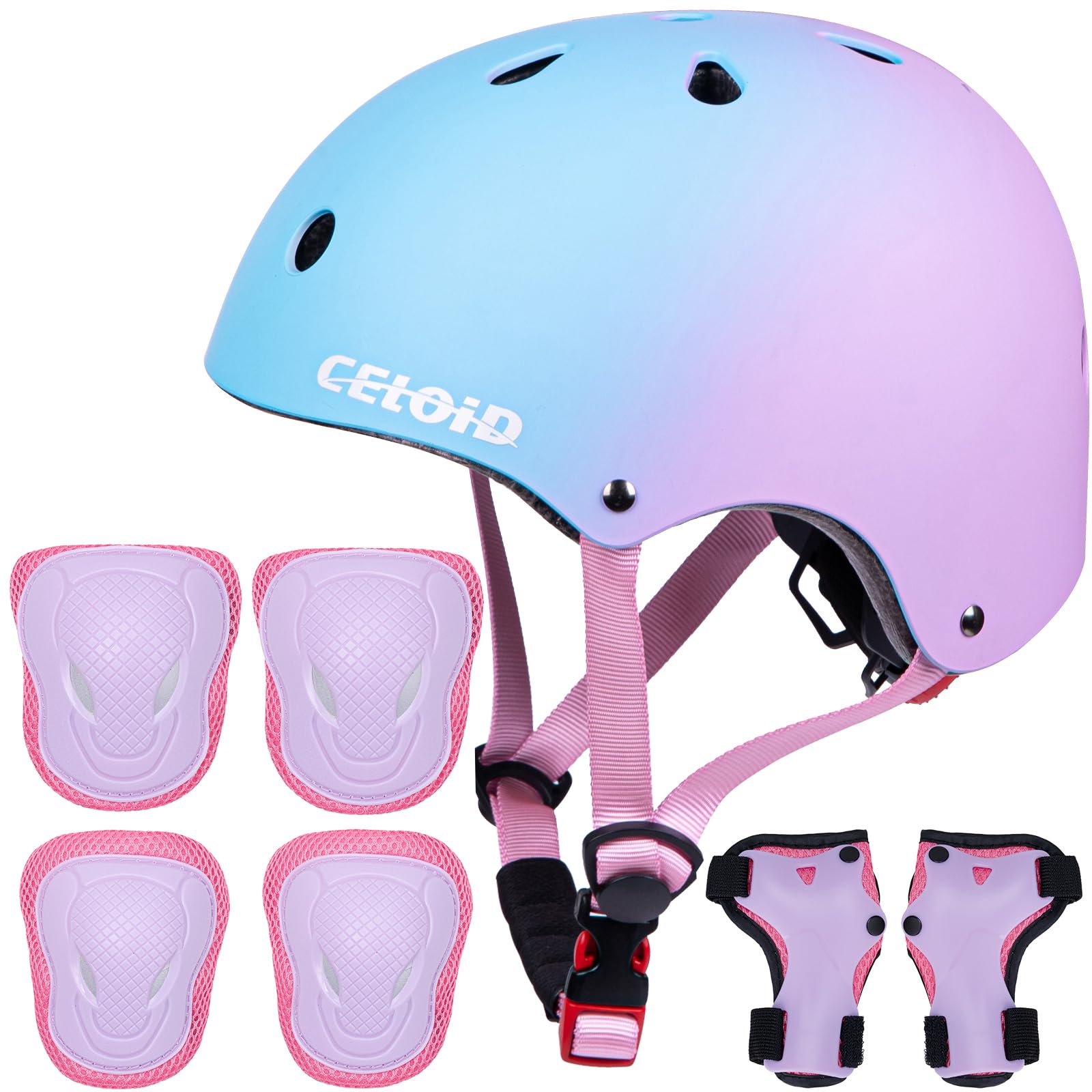 CELOID Kids Helmet Pad Set,Adjustable Kids Skateboard Bike Helmet Knee & Elbow Pads Wrist Guards 5-8 yrs Kids Protective Gear Set for Girls Boys Bicycle Bike Roller Scooter Rollerblade Sport,B-pink