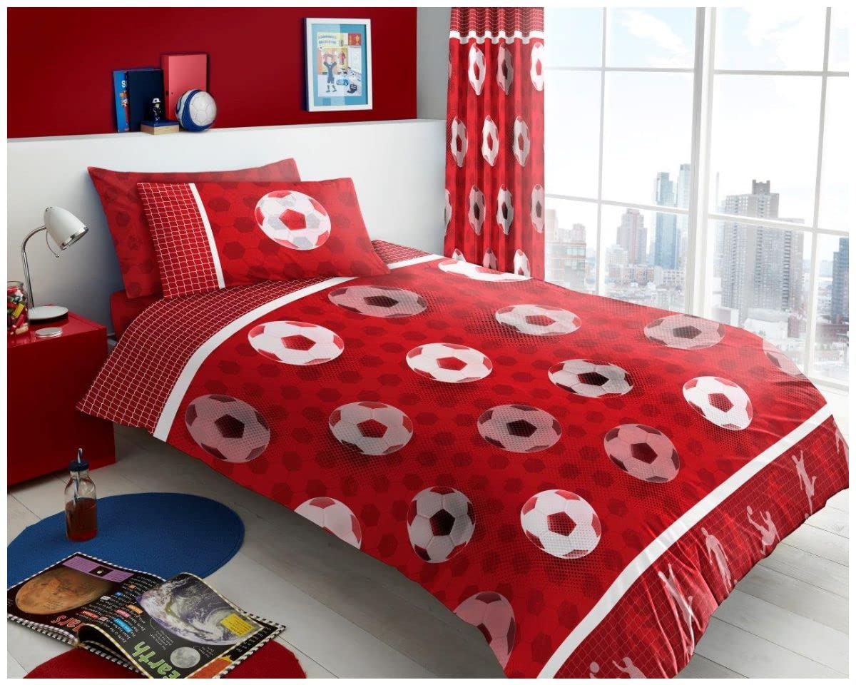 GC GAVENO CAVAILIA Kids Printed Duvet Cover & Sheet Set, Easy Care Polycotton Children Bedding, Single, Football Red