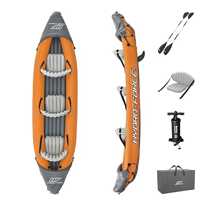 Bestway Hydro-Force 12'6" x 39" Rapid X3 Inflatable Kayak Set | Fits Up to 3 Persons | Includes 2 Aluminum Paddles, 1 Hand Pump, 2 Fins, 1 Carry Bag, Repair Patch Kit