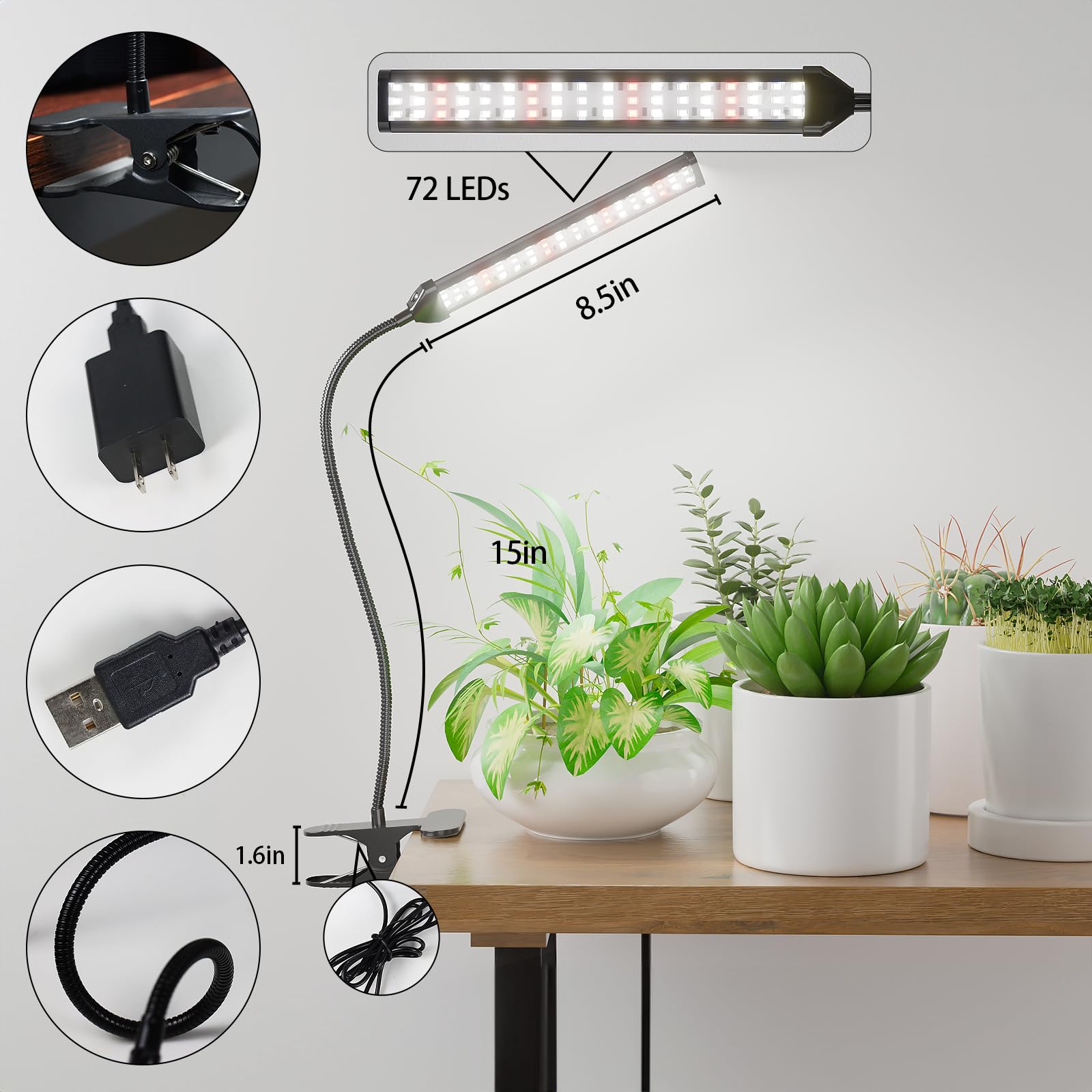 GooingTop Grow Light for Indoor Plants Growing,5000K White Full Spectrum Gooseneck Plant Lamp Clip-on Desk for Pot Plant Seed Starting,Dimmable with Auto Timer