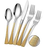 Lemeya Hammered Silver Gold Silverware Set,20 Piece Modern Flatware Set Service for 4,Mirror Polished Stainless Steel Cutlery Set Utensil Set Tableware,Kitchen Knives Forks Spoons Set,Dishwasher Safe