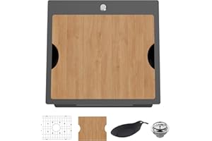 FAUENPEEY Black Kitchen Sink Workstation,21x20 In Stainless Steel Drop In Single Bowl Bar Sink Built-in Ledge Small Topmount Workstation Sink With Accessory-SS Grid Cutting Board,Silicon Mat,Drain Assembly