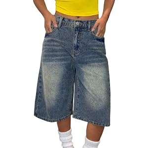 Girls Long Jorts Baggy Y2K Mid-Low Waist Retro Jean Shorts Trendy Streetwear Wide Leg Denim Shorts Cropped Jeans Capris Pants
