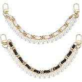 uxcell 2Pcs 10.2'' Pearl Purse Double Chain, Metal Purse Extender Chain, PU Leather Double Handle Wrist Chain, Purse Handbag Strap Replacement Chain (Black/White, Gold Chain)