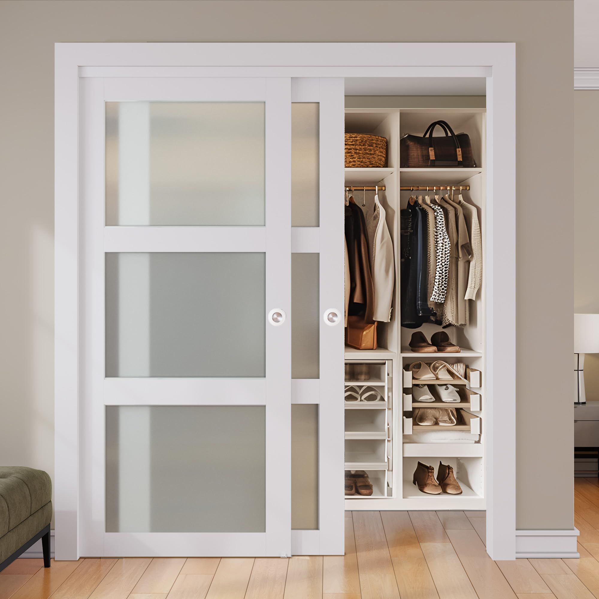 Photo 1 of SMARTSTANDARD Sliding Closet Door, 72"×80"(Double Barn Doors 37"), Double Frosted 3 Panel Glass Sliding Door with Hardware Kit, Pre-Drilled Door Panel, Need to Assemble, MDF with PVC Surface, White (partial)
