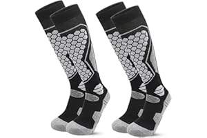 Caudblor Men Ski Socks for Winter Skiing Snowboarding, Wool Thermal Cushioned Compression Socks, Over The Calf,2 Pairs