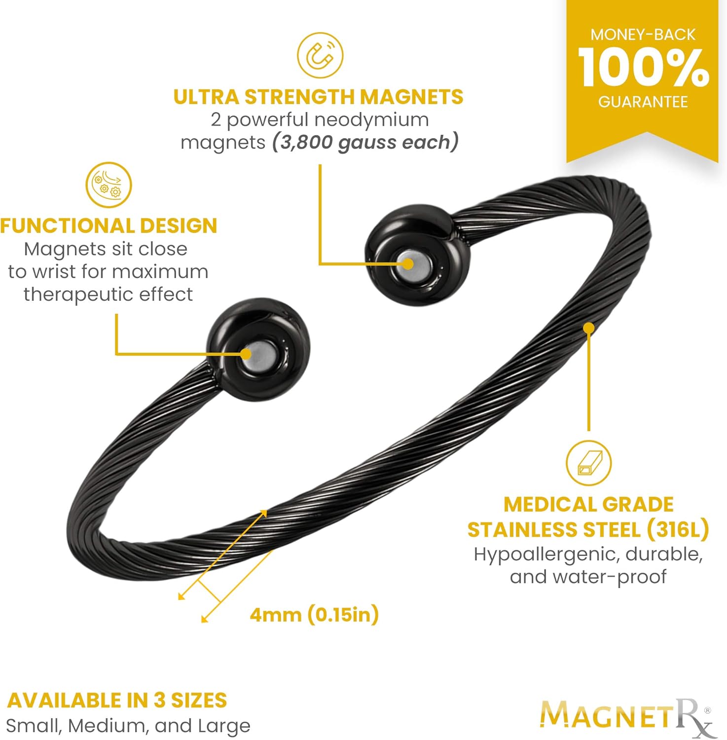 MagnetRX® Magnetic Therapy Bracelet Cuff - Twisted Cable Stainless Steel Bangle Magnetic Bracelets for Pain Relief, Balance & Energy - Elegant Golf Bracelet for Men & Women (Black | Small): Health & Personal Care