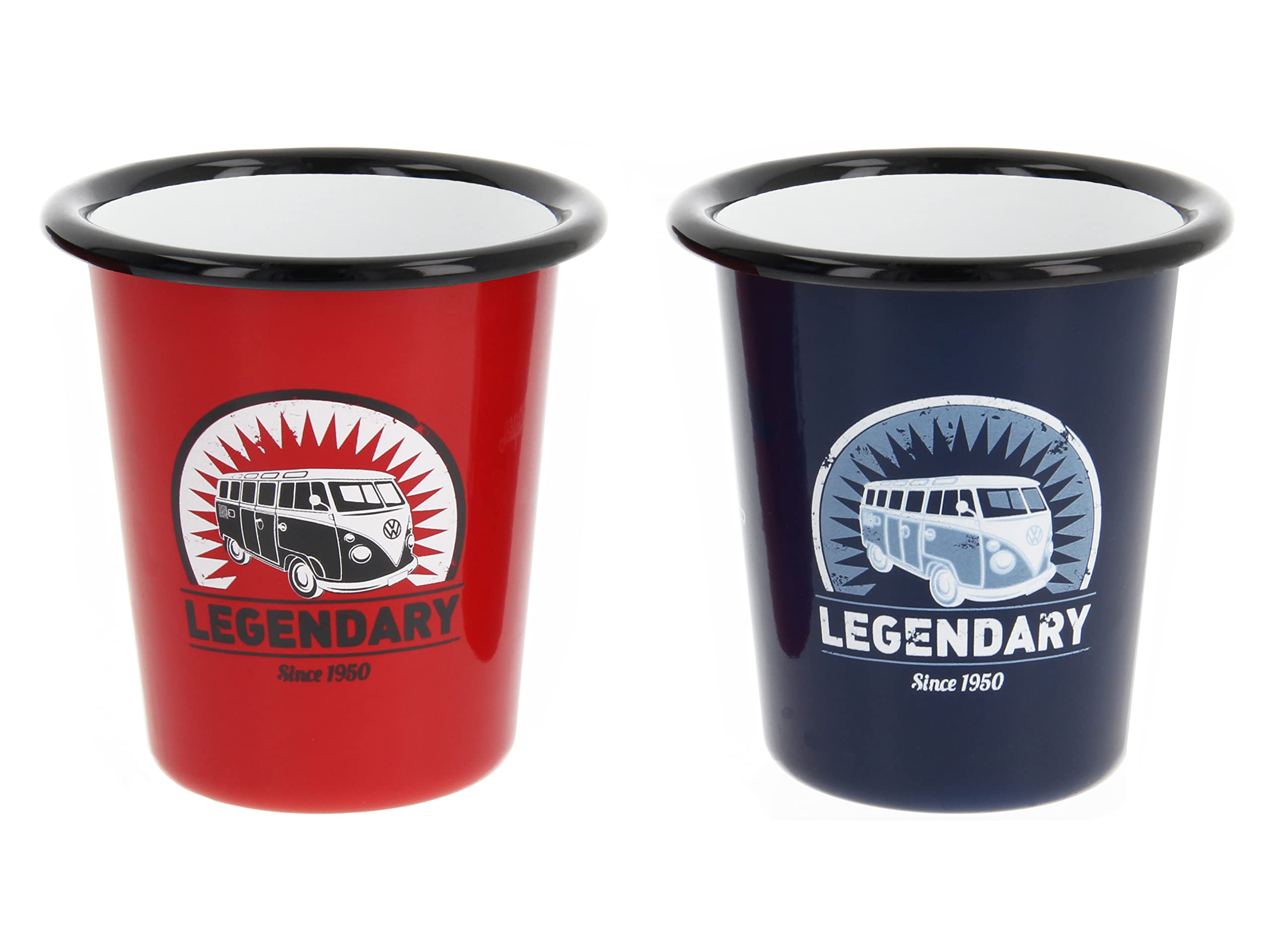 BRISA VW Collection - Volkswagen 2-Piece Enamel Coffee-Tea Mug Cup Set for Camping & Outdoor T1 Bus (Legendary/Red & Blue)