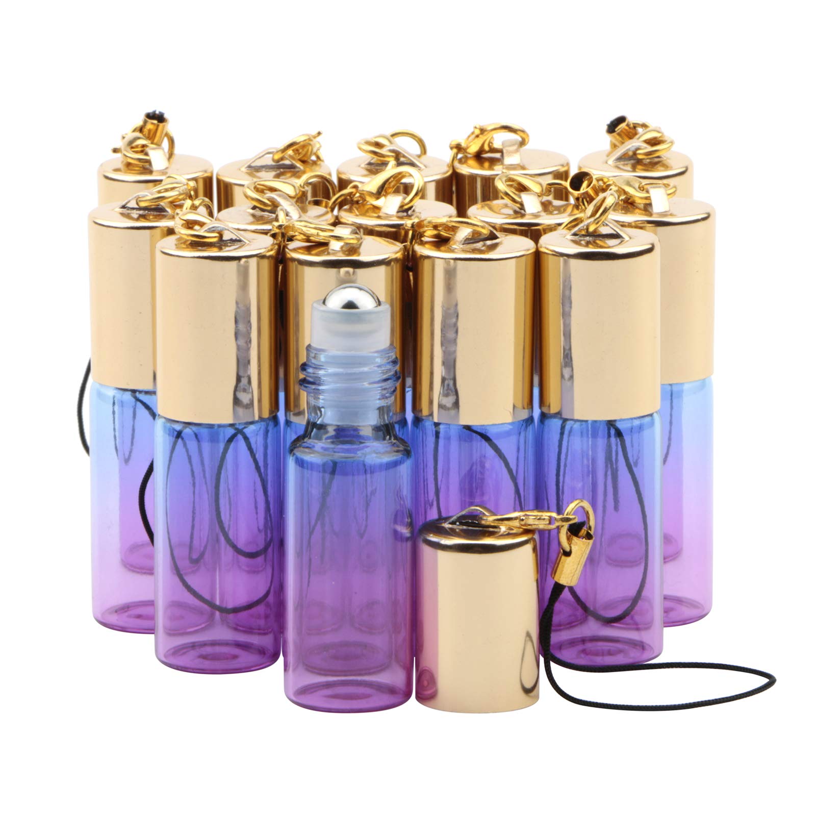 Rowiz 15PCS 5ml Blue-Purple Gradient Color Glass Roll on Bottles Empty Sample Vial Essential Oil Glass Bottles with Stainless Steel Roller Balls and Golden Screwcap with Buckle