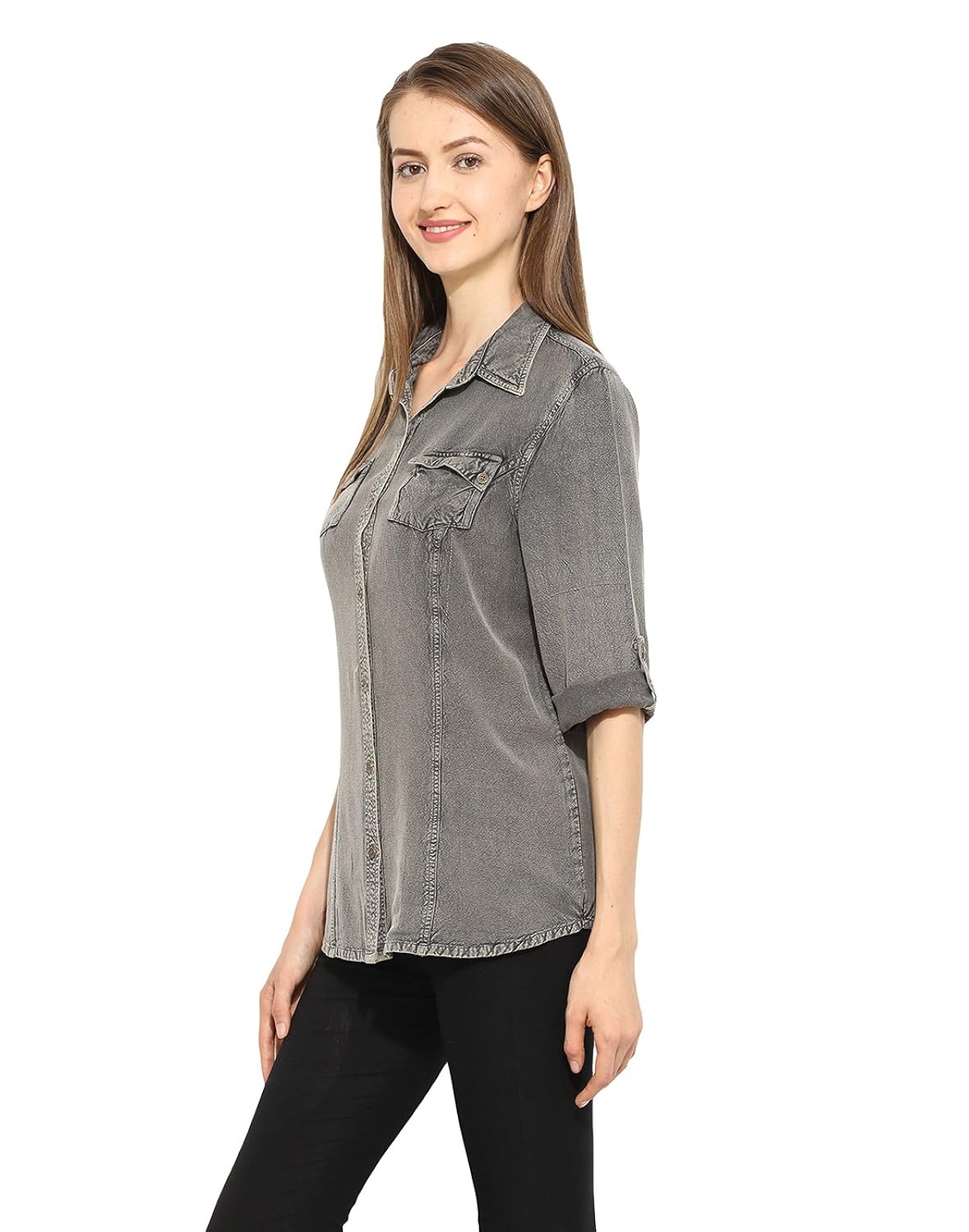 free & young front open washed shirt
