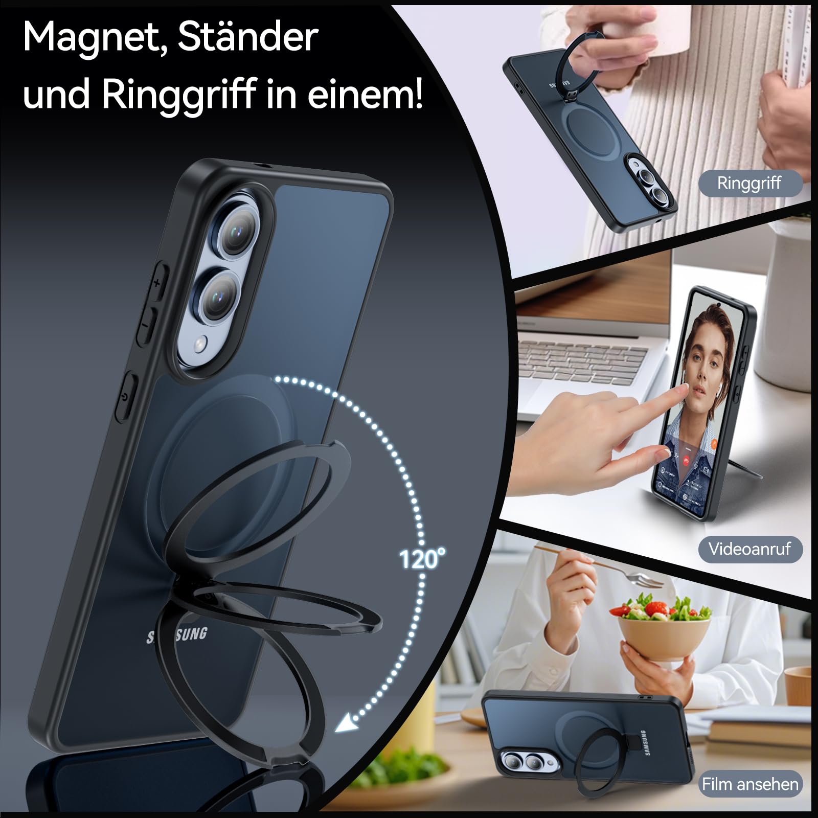 Cum2giff Hülle für Samsung Galaxy S25 Edge Hülle mit Ständer, Magnetische Schutzhülle, Durchscheinend Matt Stoßfeste Handyhülle Samsung S25 Edge Case, Schwarz 4