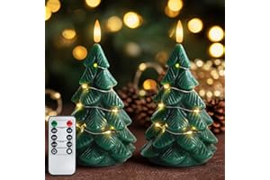 Homemory Christmas Tree Candles with Remote, 2 Pcs Waxy LED Flameless Candles Flickering, Green Electric Lights Battery Operated for New Year Celebration Holiday Decorations 7.5 Inches