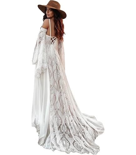 TPonline Boho Wedding Dress Fringe Lace Long Sleeve V Neck Backless Bridal Dresses for Bride Black Size 2 at Amazon Women's Clothing store