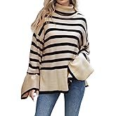 Libsorge Womens Oversized Cute Turtleneck Striped Long Sweater Fall 2025 Lightweight Ribbed Knit Side Slit Pullover Tops