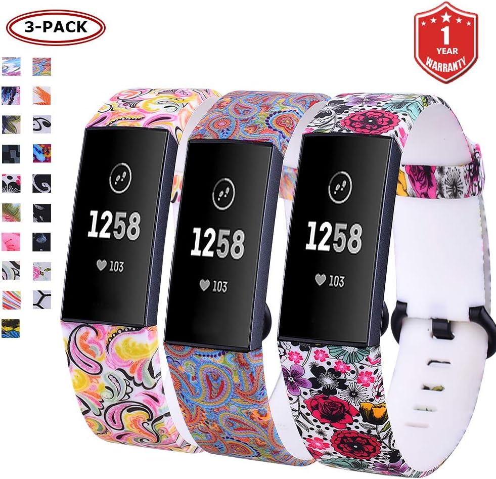 FunBand Compatible with Fitbit Charge 3 Strap Bands,Unique Elegant Floral Pattern Printed Soft Silicone Sport Adjustable Replacement Bracelet for Fitbit Charge 3 Fitness Activity Wristband