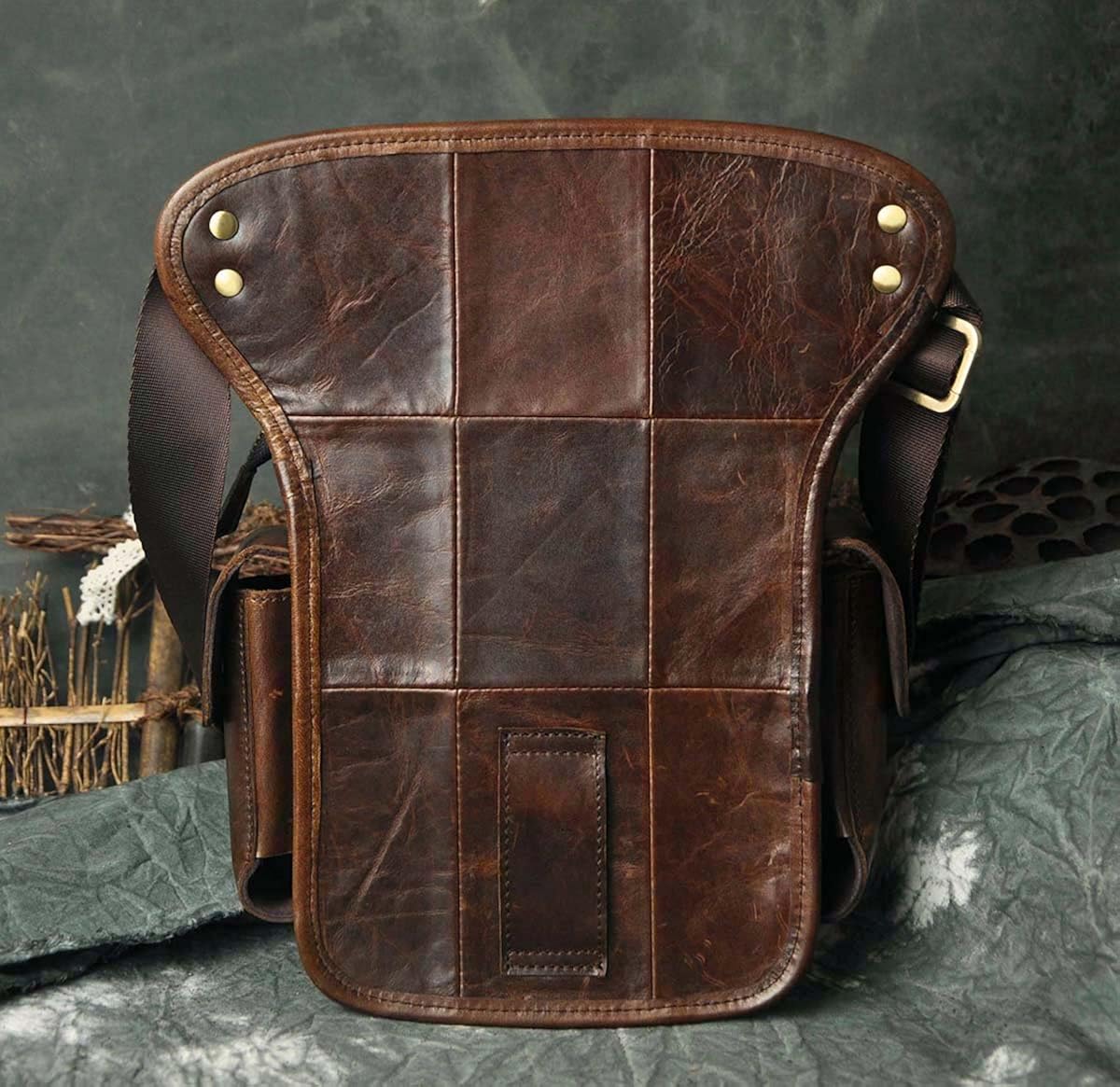 Le'aokuu Mens Genuine Leather Messenger Motorcycle Hip Bum Waist Pack Drop Leg Cross Over Thigh Bag 913-5 (913-5 Coffee) - Image 5