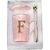 Letter F Personalized Initial Mug, Letter F Personalized Marble Coffee Mug, Letter Coffee Mugs for Women, Bridal Shower Gifts, Man and Women's Initials Gifts Mug 14 Ounce Pink with Gift Box